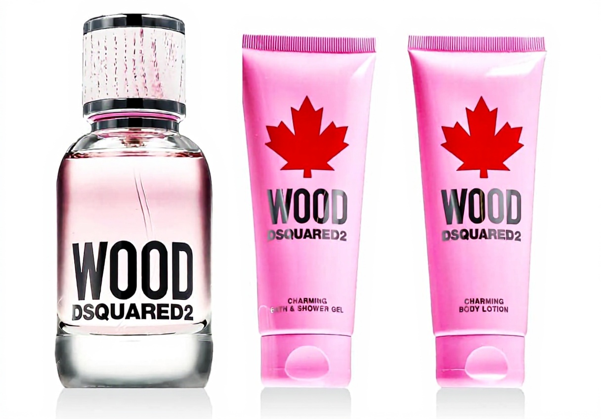 DSQUARED KIT WOOD2 Donna Eau De Toilette con boccetta e accessori su sfondo elegante