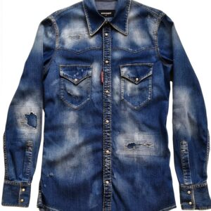 Camicia jeans Dsquared2 uomo cotone blu slavato manica lunga-0
