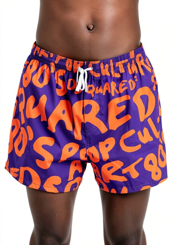 DSQUARED2 Shorts Mare Uomo Viola Logo Arancione Poliestere
