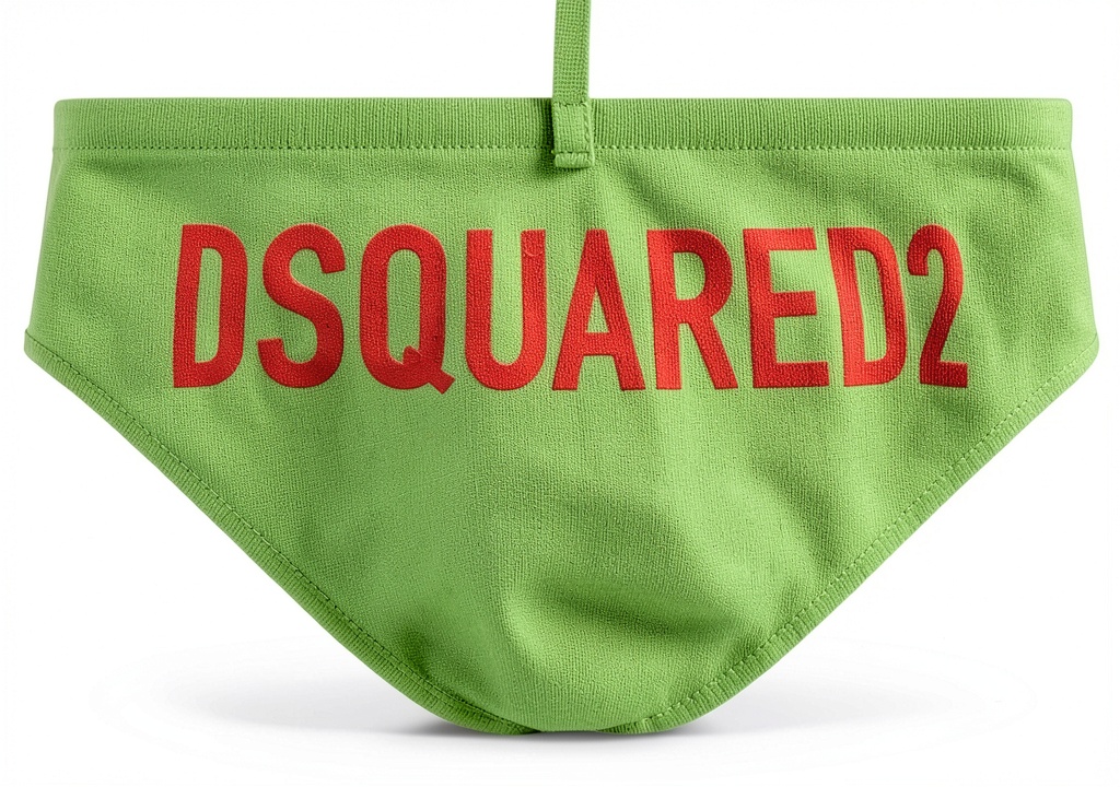 Uomo che indossa pantaloncini mare Dsquared2 verde su una spiaggia