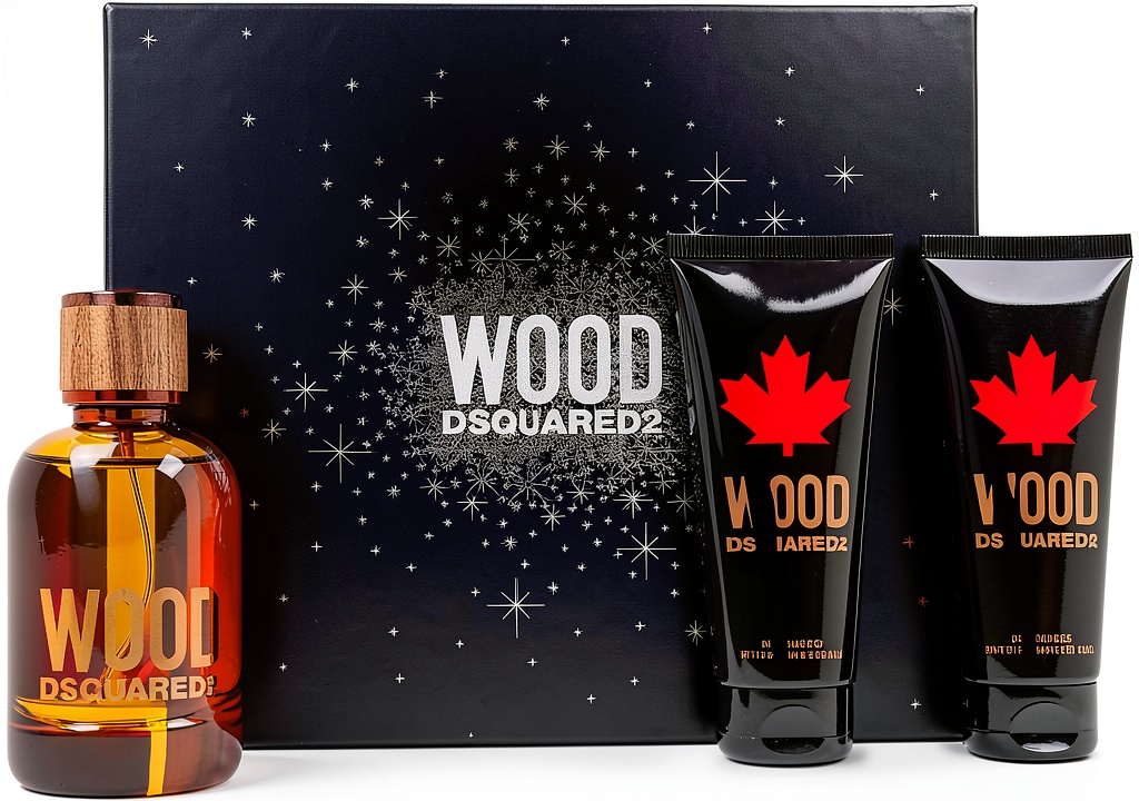 Set DSQUARED2 Wood Pour Homme con flaconi eleganti su sfondo scuro