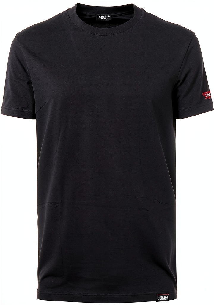 T-shirt DSQUARED2 nera con patch logo rosso su sfondo neutro