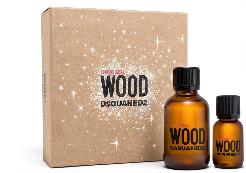 Cofanetto DSQUARED2 Original Wood con flaconi da 100 ml e 30 ml su sfondo elegante
