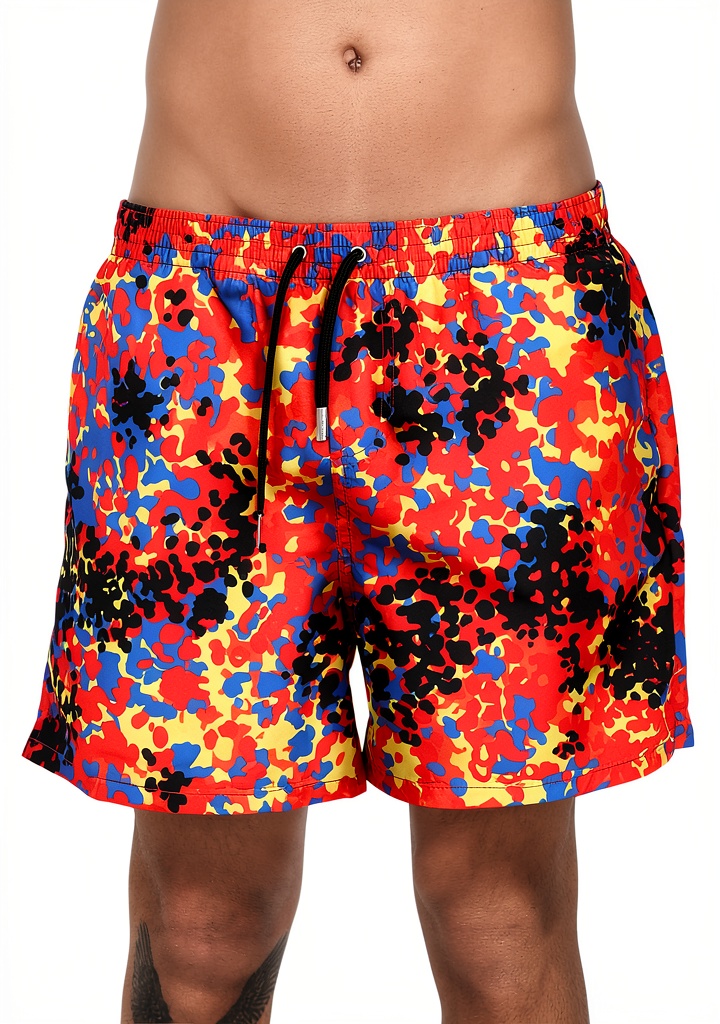 Uomo che indossa pantaloncini mare multicolor su una spiaggia soleggiata