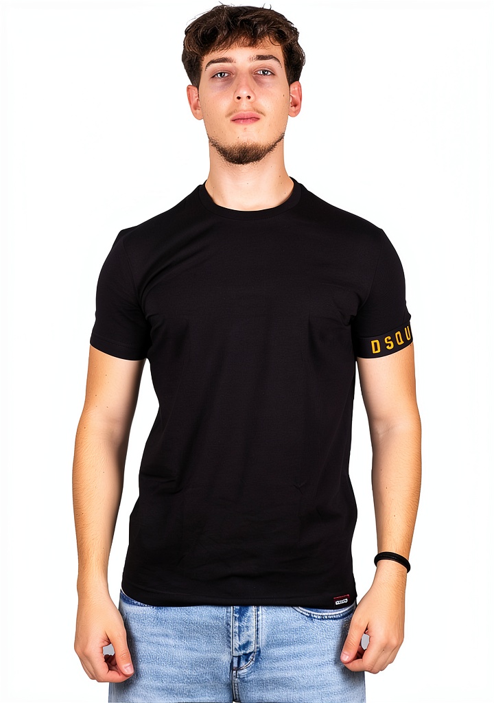 'T-shirt Dsquared nero e arancio indossata in un contesto casual'