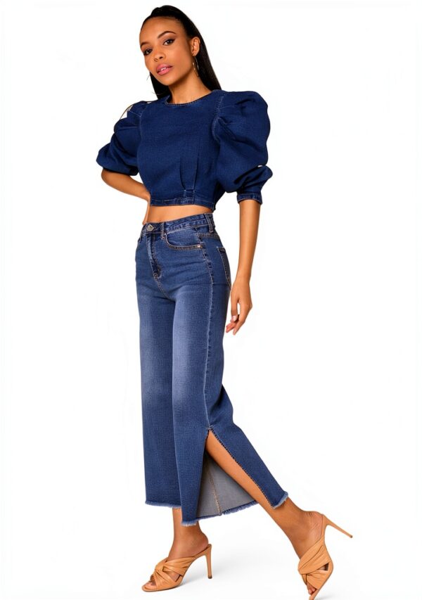Jeans Nina Carter Donna Flared Cropped 7/8 Azzurro e Blu Scuro-5