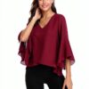 Gyabnw Camicetta Donna Casual in Chiffon Blusa Donna Estiva Traspirante 3/4 Manica Volant Scollo a V Blusa Leggero-5