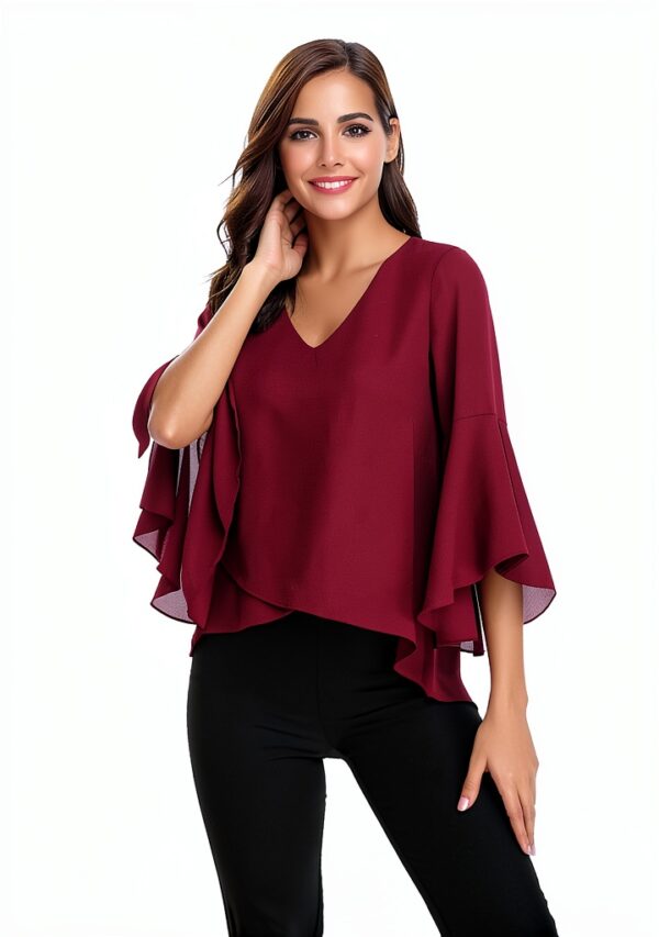 Gyabnw Camicetta Donna Casual in Chiffon Blusa Donna Estiva Traspirante 3/4 Manica Volant Scollo a V Blusa Leggero-5