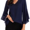 Gyabnw Camicetta Donna Casual in Chiffon Blusa Donna Estiva Traspirante 3/4 Manica Volant Scollo a V Blusa Leggero-0