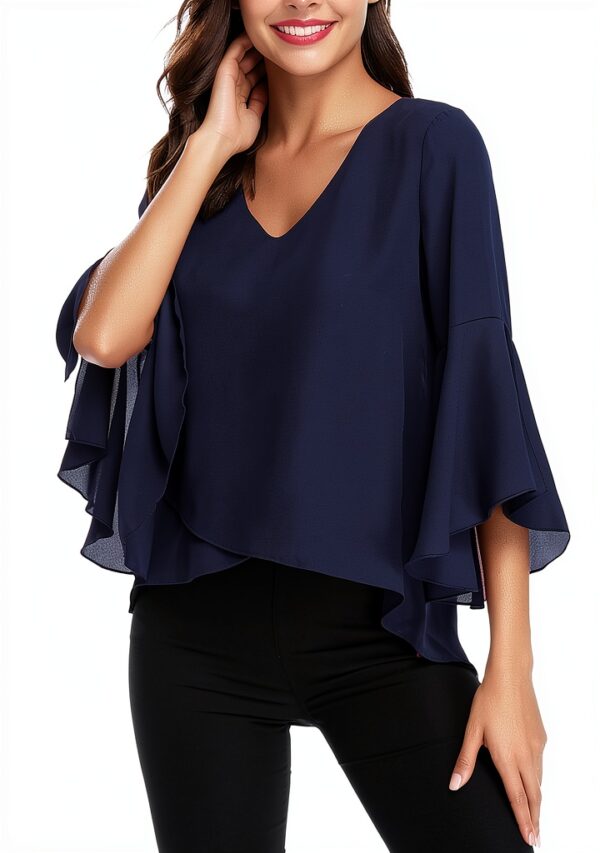 Gyabnw Camicetta Donna Casual in Chiffon Blusa Donna Estiva Traspirante 3/4 Manica Volant Scollo a V Blusa Leggero-1