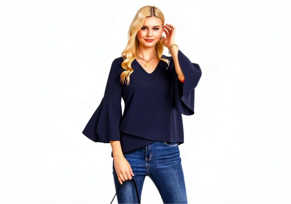 Gyabnw Camicetta Donna Casual in Chiffon Blusa Donna Estiva Traspirante 3/4 Manica Volant Scollo a V Blusa Leggero-4